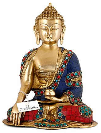 craftvatika 24,1 cm Große Buddha Statue | Erde Berühren Messing Sitzend handgefertigt Buddhismus Idol Skulptur