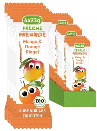 FRECHE FREUNDE Bio Fruchtriegel Mango & Orange, Obst Riegel für Babys und Kinder ab 1 Jahr, fruchtiger Snack ohne Zuckerzusatz, vegan, laktosefrei, 6er Pack, 6x (4x 23g)