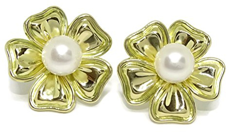 Ohrringe aus 18-karätigem Gelbgold, Blume mit 8 mm Zuchtperle, Omega Verschluss