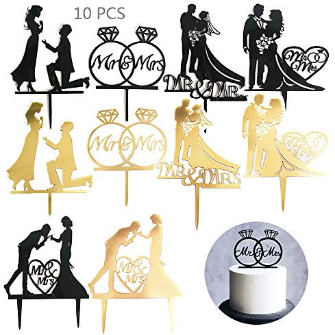 Juland 10 Stück Topper Torten Acryl Kuchen Aufsatz Topper Tortenstecker Cupcake Glitter Deko für Hochzeit Engagement Hochzeitsfeier Geburtstagsfeier - Gold und Schwarz