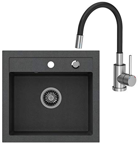 VBChome Fregadero de cocina 50x47 cm negro con grifo flexible negro/inox, empotrable, con sifón, cubeta reversible, para mueble de 50 cm