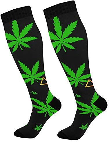 PUXUQU Socken Strümpfe Grün Blätter Hanf Marihuana Herren Damen Kniestrümpfe Socken 1 Pack
