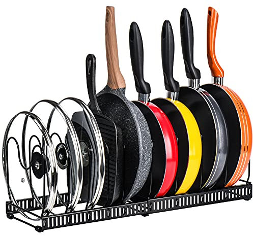 Toplife Expandable Pans Organiser Rack, 10 Adjustable Compartments, Pantry Cupboard Bakeware Lid Plate Holders, Black
