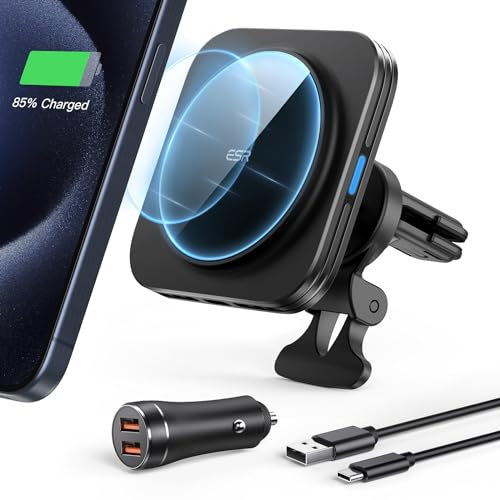 ESR 15W HaloLock Magnetisches Kabelloses Handyhalterung Ladegerät kompatibel mit MagSafe Autohalterung mit Ladefunktion und iPhone 16/15/14/13/12 Series, Galaxy S25 Series, mit 36W Auto Ladegerät
