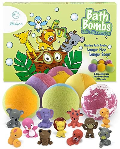 Done by Nature: Zoo Animal Badekugeln 6er-Pack mit Überraschungsspielzeug im Inneren! Organisches, natürliches veganes Spa-Badebomben-Set.