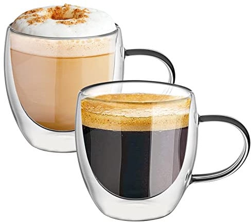 KAMEUN 250ml Latte Glasses, Double Walled Glass Coffee Mugs, Cappuccino Macchiato Cups Set of 2, Borosilicate Heat Resistant Cup for Espresso Tea Bag Beverage Milk Juice Ice Cream - 250ML