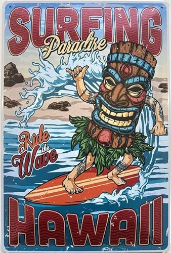 DekoNo7 Blechschild 30 x 20 cm - Surfing Paradise Hawaii - Ride The Wave - Vintage Schild
