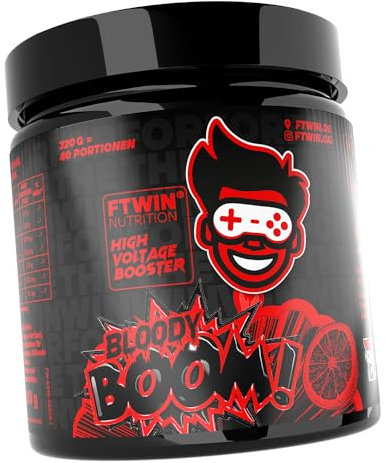 FTWIN HIGH VOLTAGE BOOSTER | Für GAMER und E-SPORTLER | REFLEX – FOCUS – ENERGY – ENDURANCE | 320 g = 40 Portionen (320 g, Bloody Boom)
