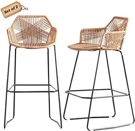 Natliedop Barhocker Rattan Rückenlehre Kaffee Restaurant Hochhocker Eisen Rattan Wicker High Back Stuhl mit Fußstütze, Schwarze Metallbeine, maximale Ladung 330 Pfund