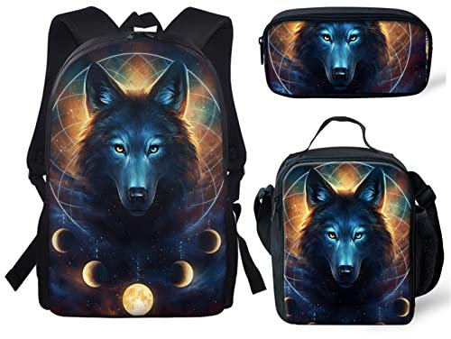 Dolyues Boy Fire Basketball Fußball Rucksack Set, Dinosaurier Hunde Wolf Mädchen 3-teiliges Schulset Isolierte Lunchtasche Federmäppchen, Wolf Traumfänger