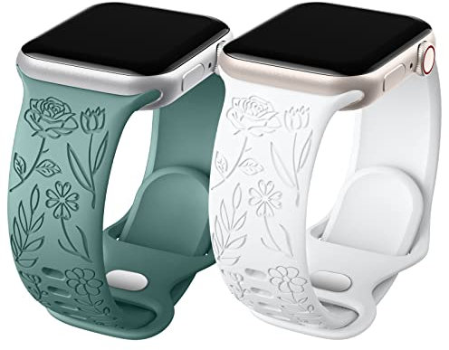 Oielai 2 Stück Floral Gravierte Armband Kompatibel mit Apple Watch Armband 40mm 41mm 38mm Damen, Weiches Silikon Sportarmband für Apple Watch SE/iWatch Series 9 8 7 6 5 4 3 2 1, Kieferngrün/Weiß