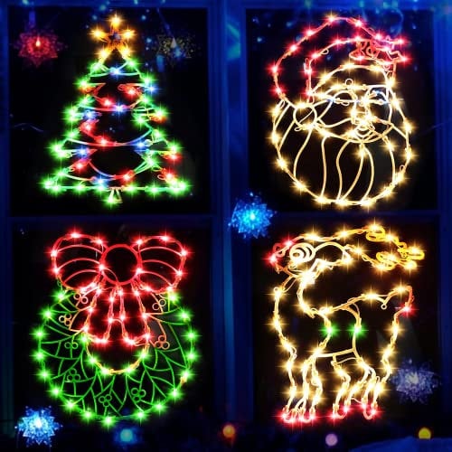 16 Inch Christmas Window Silhouette Lights Decorations, 4 Pack Waterproof Window Hanging Lights Elk, Christmas Tree, Santa Claus, Wreaths for Party, Home Indoor Outdoor Wall - 200 Mini Bulbs