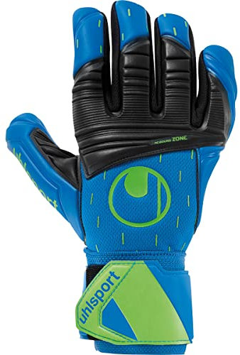 uhlsport AQUASOFT HN Torwarthandschuhe Torhüter Keeper Fußball Soccer Gloves mit Handgelenk-Fixierung - speziell für Nasswetter - Pacific blau/schwarz/Fluo grün - Größe 10.5