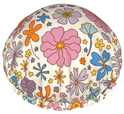Retro Boho Blume Vintage 70er Duschhaube, wiederverwendbare Duschhauben für Frauen, langes Haar, doppelschichtiger wasserdichter Duschhut, Haarschutz für Kinder, Mädchen, Männer
