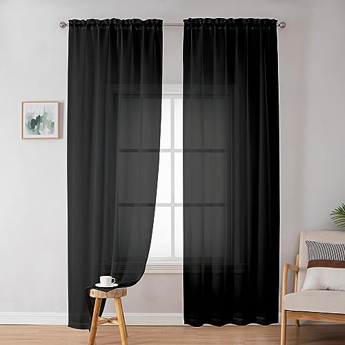 Simplebrand Black Sheer Curtains 72 Inches Long 2 Panels for Living Room, Rod Pockets Airy Window Treatments Voile Sheer Black Curtains Panels Lightweight for Front Back Patio Glass Door, 42 Width