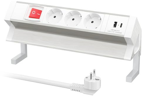 Regleta de mesa USB C con interruptor, regleta de 3 enchufes para escritorio de aluminio, regleta de enchufes con pinza, enchufe múltiple para muebles o superficies de trabajo, cable de 1,8 m, color