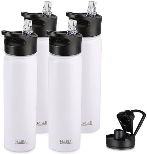 HASLE OUTFITTERS Insulated Water Bottle 22 oz Double Wall Stainless Steel Water Bottle Wide Mouth with Straw Lid & Spout Lid Keeps Cold or Hot(White,4)