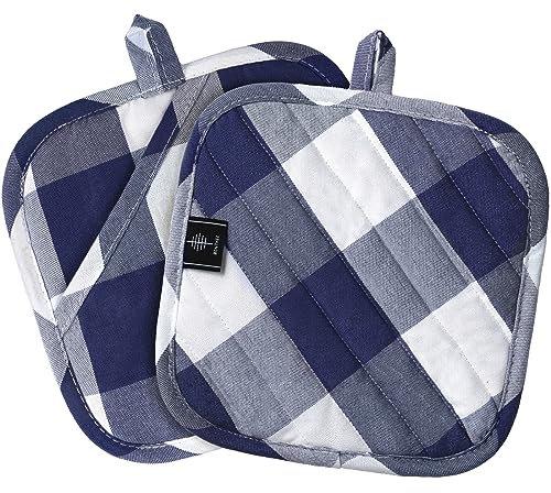 BONTHEE Topflappen Baumwolle Topfuntersetzer 2er Set Anti-rutsch Topflappen zum Kochen Backen Küchenzubehör - Blau kariert 21 x 21 cm