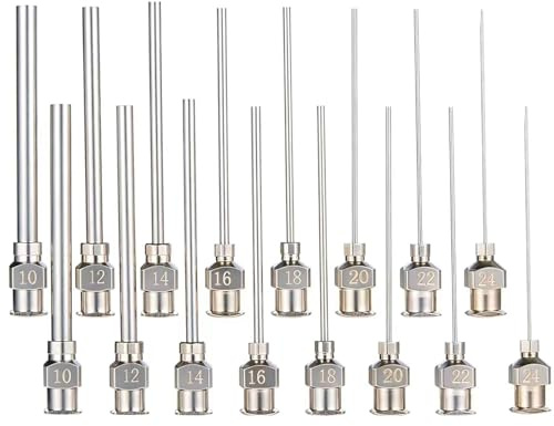 VISSQH 16 Pcs Punta per erogazione Lunga,Aghi per erogazione acciaio inox,Ago di erogazione della punta per riempimento di liquidi, inchiostri, incollaggio(10/12/14/16/18/20/22/24G)