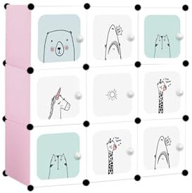 VBChome Regalsystem mit 9 Würfeln 110 x 37 x 110 cm Kleiderschrank mit Türen Aufbewahrungsschrank für Kinder Schuhregal aus Kunststoff Steckregal Mehrzweck Schuhe Spielzeug (Muster 3)