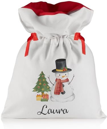 Liebtastisch - Weihnachtsbeutel mit Personalisiert - Weihnachtssack - Geschenk Sack - mit Ziehkordel und Wunschnamen - Extra Groß 52cm x 38cm - Weihnachtsdeko (Schneemann)