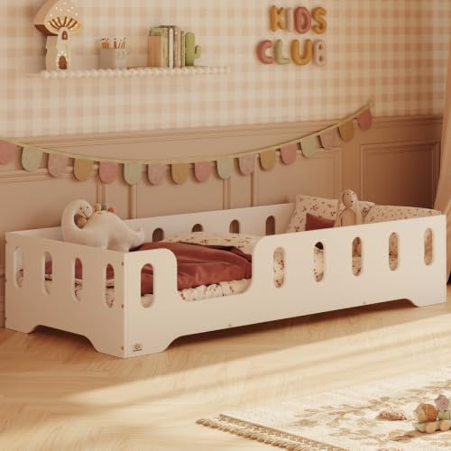 smartwood Bodenbett 70x140 cm mit Rausfallschutz, Holz, Weiß, TILA 2L | Montessori Kinderbett, Lattenrost belastbar bis 230 kg, FSC-Zertifikat, abgerundete Kanten, Einfache Montage, ab 3 Jahren