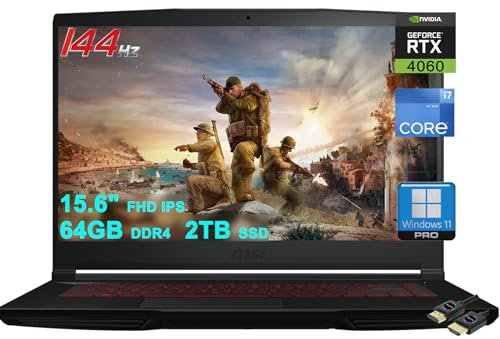 MSI Thin GF63 Gaming Laptop | 15.6 FHD IPS 144Hz | Intel 10-Core i7-12650H Processor | 64GB DDR4 2TB SSD | GeForce RTX 4060 8GB Graphic | Backlit USB-C Nahimic Win11Pro Black + HDMI Cable