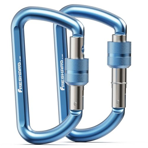 FresKaro 3inch Locking Carabiner Clips Heavy Duty, Strong 12kN Screw-gate Aluminum Carabina, Karabiner Hooks, Rust free, Lightweight, for Dog Lead, Hammocks, Swing, Camping, Key, D-Shaped, 2Pack,Blue