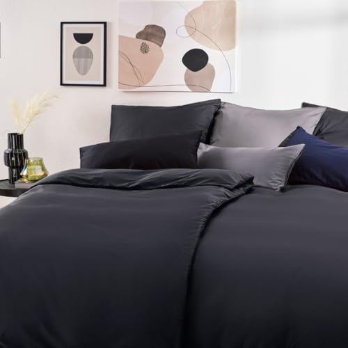 Blumtal Mako Satin Bettwäsche 200x220 Baumwolle Schwarz - Bettdeckenbezug mit frei wählbaren Kissenbezug - individuell anpassbares Bettwäsche-Set aus 100% Baumwolle - Oeko Tex Zertifiziert