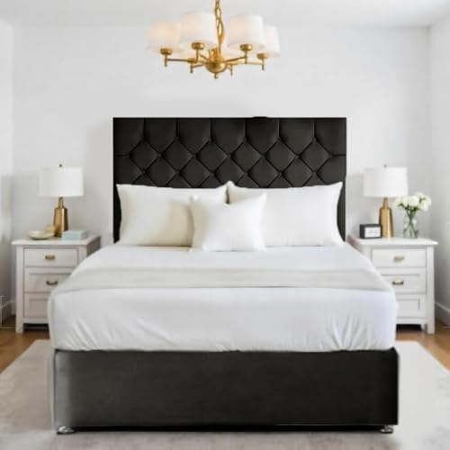 BEDS PLANET Divan Bed Set | Divan Crushed Velvet Bed | Divan Bed with 2 Storage Drawers | Divan bed Set with Buttoned Headboard and 10 inches Spring Memory Foam Mattress (Black, 4Ft6 Double)