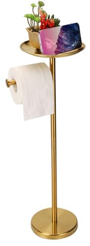 Toilet Paper Holder Stand Gold with Shelf on Top, Sturdy TP Roll Holder Floor Standing, Stainless Steel Base (Gold)