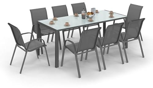 IDMarket – Salón de jardín Madrid Mesa 190 cm y 8 sillas apilables Gris Antracita Bandeja Transparente