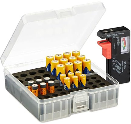 Relaxdays Batteriebox mit Tester, für 60 AA & AAA Batterien, HBT: 5,5 x 15 x 15,5 cm, Batteriekiste, transparent/schwarz