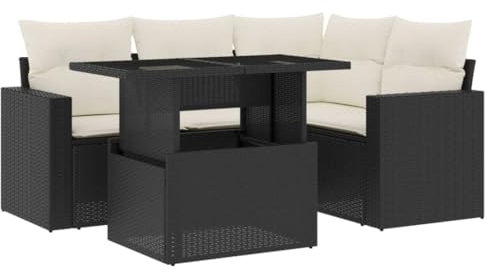 vidaXL Garten Sofa Garnitur 5-TLG., Gartenmöbel Set mit Kissen Modular, Lounge Sitzgruppe für Garten Terrasse, Gartentisch Verstellbare Tischplatte, Schwarz Poly Rattan