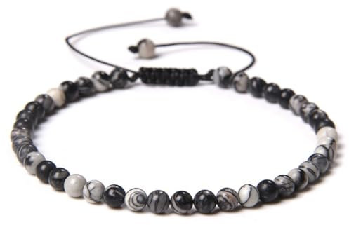 JENCVNL Naturstein Armband 4mm Echtes Naturstein Armband Damen Verstellbar Perlenarmbänder Edelsteinarmband Edelstein Armbänder für Damen Frauen (Schwarzes Netz Edelstein)