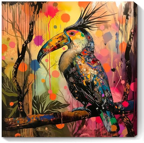 Kunstdruck auf Leinwand, bunt, abstraktes Tierposter, Tukan-Kunstdruck, bunte Bilder von Tieren, lustige Malerei, Tukan-Kunstdruck, Tier-Graffiti-Poster, abstrakte Vogelmalerei, 40,6 x 40,6 cm, ohne