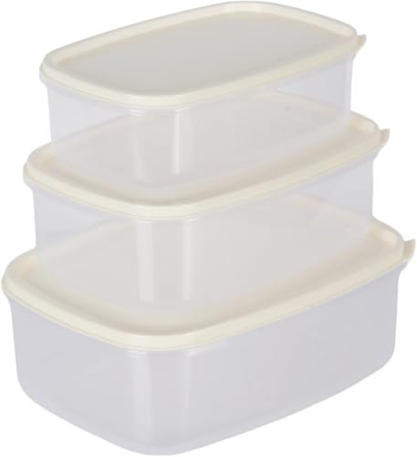 Jolie Max 3pcs Rectangle Food Storage Container Set with Lid. Airtight Plastic Kitchen Storage Box. Microwave, Freezer & Dishwasher Safe. Space Saving, Leakproof, BPA Free Storage Set. (Cream)