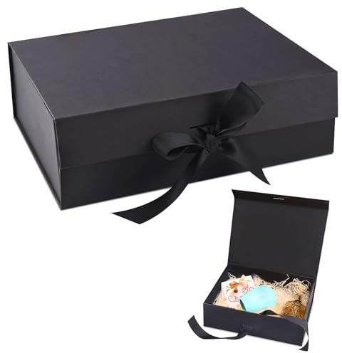 Geschenkbox mit Schleife, 23x17x7cm Magnetische Geschenkkarton mit Deckel, Dekorative Box, Faltbare Geschenkbox, Geschenk Verpackungsbox, für Jubiläen, Bankette,Geburtstagsfeiern, Weihnachten(Schwarz)