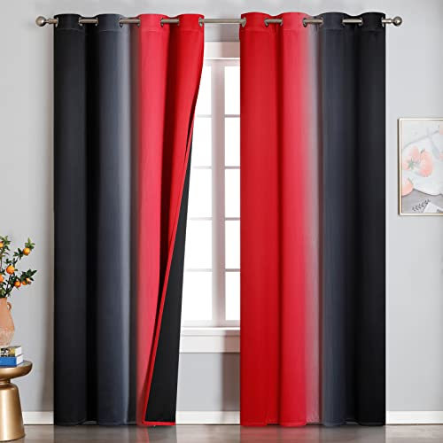 VEHEDE Farbverlauf Ombre Gardinen Wohnzimmer mit Ösen Thermovorhang Kälteschutz, Schallschutz Verdunkelung Blickdicht Vorhänge, Verdunklungsvorhänge, H 214 x B 132 cm, Rot und Schwarz, 2er Set
