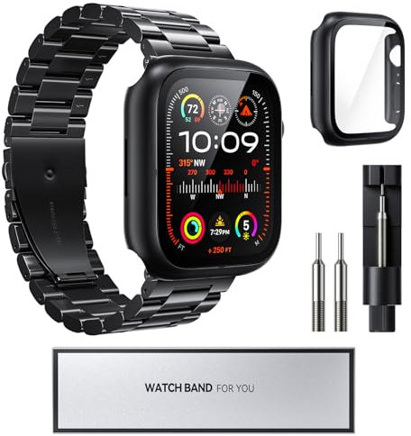 Kompatible mit Apple Watch Armband 44MM, Apple Watch Band for Men Women Metall Armbänder mit Gehäuse für Apple Watch Uhrenarmband Series 10 9 8 7 6 5 4 3 2 1 SE (Schwarz, 44mm)
