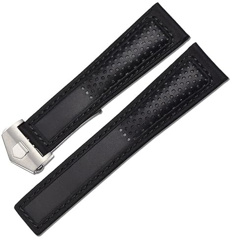 XIRIXX Echtes Lederarmband 22 mm für Tag Heuer F1 Armband, rote Nähte, Armbanduhren, Faltschließe, Lederarmband(Black silver buckle)