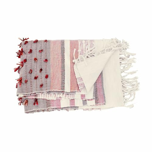 Loberon Plaid Yazmira, Dekorativer Boho-Look, Strukturierte Weboptik, Handgeknüpfte Akzente, Tagesdecke, Wohntextilien, Überwurf, Baumwolle, Acryl, Creme/rosa