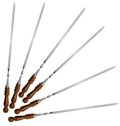6 st. Set BBQ Edelstahlspieß mit Holzgriff 65 cm lang 1,2cm breit 3mm | Grillspieße Schaschlikspieße Barbecuespieß Extra Stark Edelstahl Schampura für Fleisch, Gemüse, Pilze, Kebab Rouladenspieße