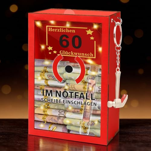 TUZELIYA 60 Geburtstag Frauen & Männer (18x12x8cm) - Geldgeschenke 60. Geburtstag - Lustige Notflallbox mit LED-Beleuchtung & dekorativem Hammer - Holz Geschenkbox - Personalisierte Geschenke für Geld