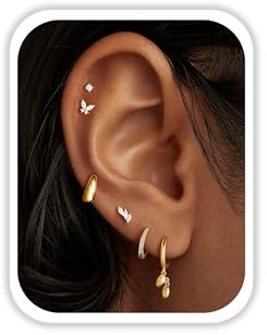 TINGN 6 Paar Hypoallergen Ohrringes Gold Set für Damen 14K Vergoldet Kleine Ohrstecker Stapelbar Zirkonia Ohrstecker Blattförmige Creolen Ohrringe Helix Piercings Ohr für Mehrere Piercings