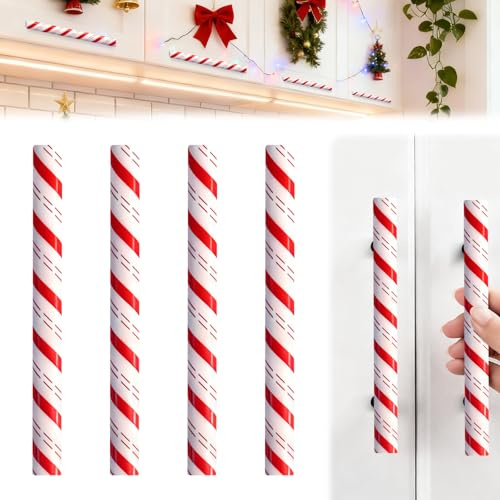 Wsndyjia 4Pcs Christmas Door Knob Covers, Candy Cane Christmas Kitchen Door Handles Cabinet Covers Decorations, Fridge Doors Handle Cover Protector for Home Living Room Bedroom Cupboard Drawer Decor
