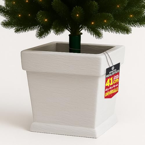 BAKAJI Base Albero di Natale Vaso in Resina con Effetto Legno Realistico e Venature, Supporto Natalizio con Rifiniture e Attacco Universale, Decorazione Addobbo Natalizi 40 x 40 x 41 cm (Bianco)