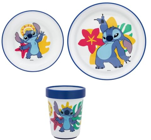 Disney Stitch Kinder Geschirr-Set 3-teilig – Teller, Schüssel & Henkelbecher – Antirutsch-Unterseite – Offizielles Frühstücksset für Kinder