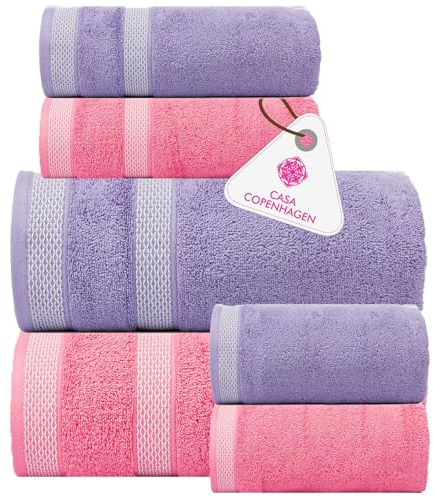 Casa Copenhagen Coffret 6 Serviettes Bain 600 g/m², Violet-Rose - Rose | Solitaire Mix 100% coton égyptien pur cuisine, douche: 2 serviettes bain, 2 mains, 2 gants (coffret cadeau femme et homme)