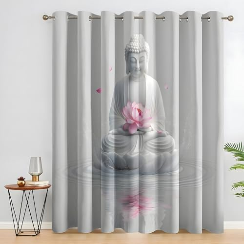 LLSZAHD Buddha-Statue Vorhänge 2er Set, Elegant Thermovorhang Kälteschutz Vorhang H 137 x B 90cm, Verdunkelungsvorhang mit Ösen Kinderzimmer Schlafzimmer Wohnzimmer